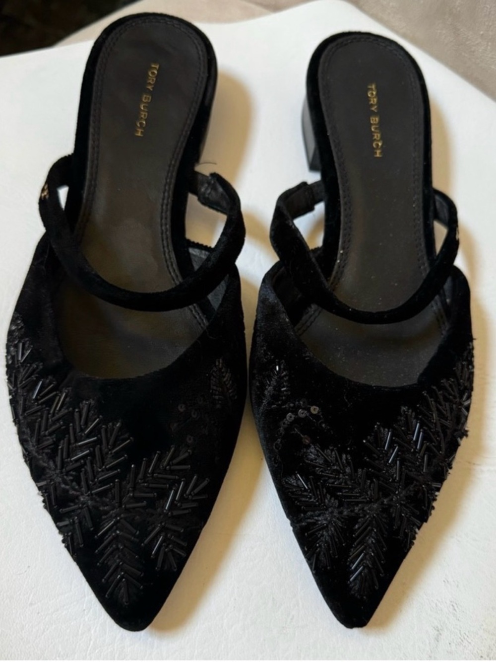 Tory Burch Black Velvet Pointed-Toe Beaded Mules - Picture 1 of 10